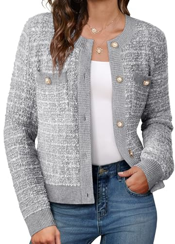 GRACE KARIN Women's Cardigans Long Sleeve Buttons Knit Sweater with Pockets | Elegant tweed-style knit cardigan. Button front, perfect for work, weekends, travel & special occasions
