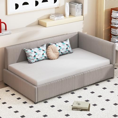 Dolamaní Schlafsofa Cord Grau 90 x 200 cm, Modernen Sofa mit Lattenrost- mit Schlaffunktion-Cordstoff & Samtstoff