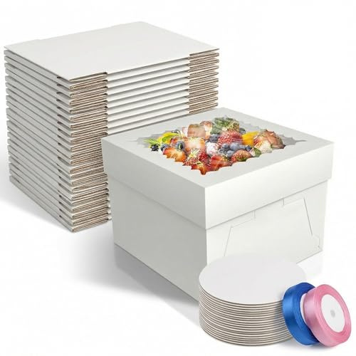BOPLYBAY 15 Pack 10x10x8 Inch Tall Cake Boxes with Window & Boards – Sturdy White Bakery Boxes for Wedding, Birthday & Cake Transport