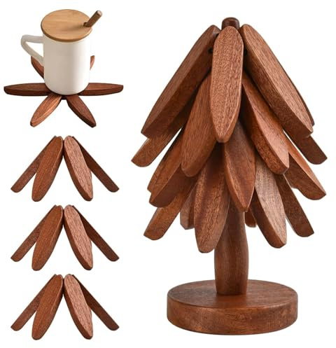 Salvamanteles de madera para platos calientes, juego de salvamanteles en forma de árbol, salvamanteles para platos calientes, 4 salvamanteles de madera + 1 soporte almacenado como un árbol de Navidad,