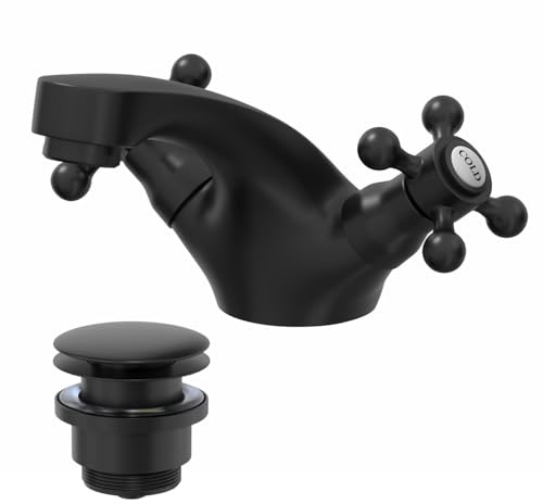 Park Lane® Oxford Bathroom Cloakroom Basin Sink Mixer Tap and Waste Set Traditional Mono Round Twin Crosshead Handle Faucet for Sinks, Matt Black