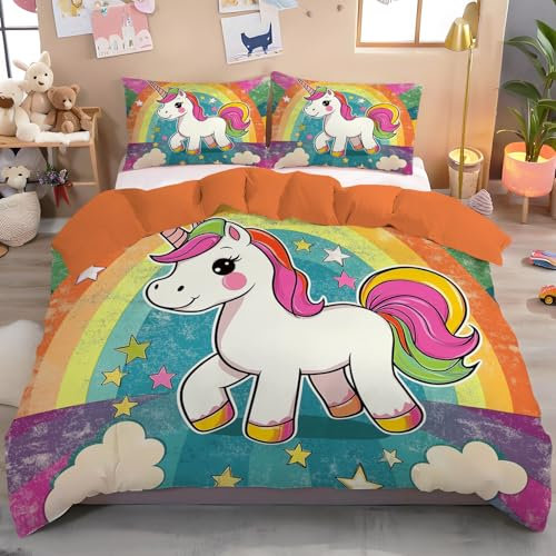MULERN Completo Biancheria da Letto Reversibile, Completo 220x240cm, Arcobaleno Cavallo 3 Pezzi Copripiumino con Motivo Cartone Animato, incluso 1 Copripiumino e 2 Federe 50X75Cm