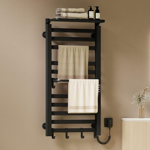 EMKE Scaldasalviette Elettrico Bagno 1000 x 500 mm, Nero,280W | Termoarredo Elettrico Bagno con Mensola e Ganci, Temperatura Regolabile 30-70°C, Timer&Memoria,Scalda asciugamani