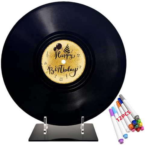 ReeGii Vinyl Record Guest Book for Birthday Decorations - Large 11.6x11.6 Birthday Party Sign Poster with 12 Pens,Unique Keepsake Gift for Friends and Family (Happy Birthday, Happy Birthday - 01, 11.6W x 11.6L)