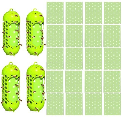 Lot de 4 pièges à mouches avec 20 autocollants de remplacement de la couleur attire non toxique, insectes piège à guêpes, piège à frelons d'extérieur