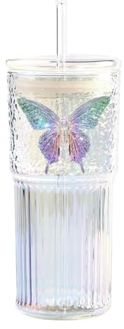 TELAIN 1 x Butterfly Design Juice Glasses, Aesthetic Coquette Butterfly Glasses, 16 oz Double Old-Fashioned Cocktail Glasses, Hand-Blown Glasses (Butterflies)