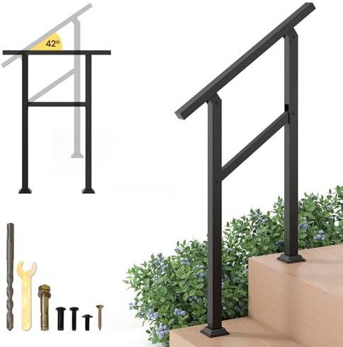 GOPLUS Pasamanos para Escalones de Exterior y Interior, Barandilla de Acero Inoxidable con Ángulo Ajustable de 42, Hasta 150 kg, Soporte para Terraza, Negro(70 cm)