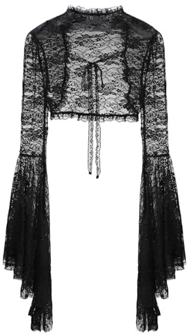 SIQITECHUK Women Gothic Lace Shrug Black Lace Long Flare Sleeve Bolero Goth Bell Sheer Sleeve Crop Top Y2k Laces (Style 3)