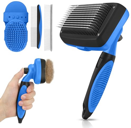 Self Cleaning Shedding Brush - 5-in-1 Professional Pet Grooming Kit Skin Friendly Grooming Tool for Dogs, Cats, and Puppies, Deshedding and Hair Removal for Long and Short Haired Pets, Blue