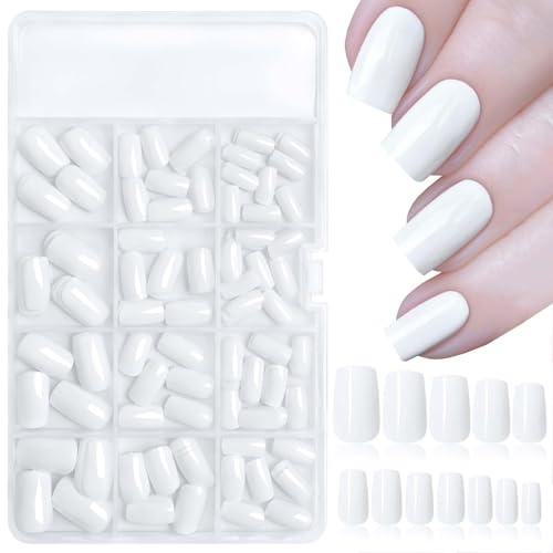 Auroriel 240 pièces Blanc Press on Ongles Carré Moyen Ongles Artificiels Couverture Complète Brillant Faux Ongles Set pour Femmes Filles Manucure Décoration Réutilisable