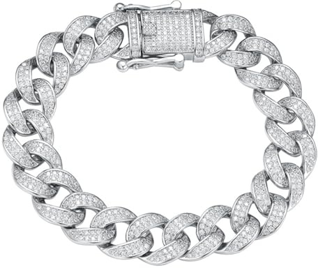TUSRORSU Pulsera de eslabones cubanos de 12 mm con circonita cúbica transparente 5A+ para hombre, pulsera de plata de ley 925 gruesa y resistente para hombre, 16-23 cm, 20cm / 7.87 in, Plata