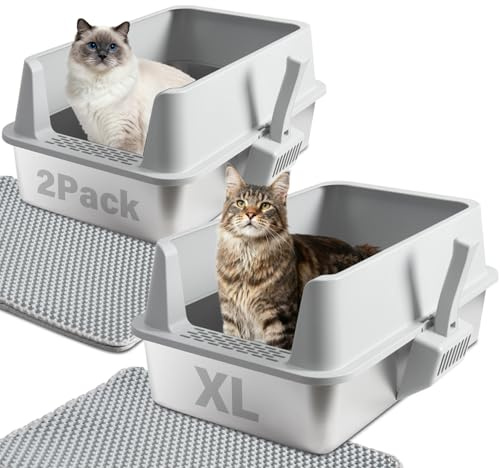 Stainless Steel Cat Litter Box with Lid, 2 Pack XL Metal Litter Box | Litter Box Stainless Steel with Mat & Scoop, Odor-Free/Anti-Leakage & Non-Stick, High-Sided Litter Box for Multiple Big Cats