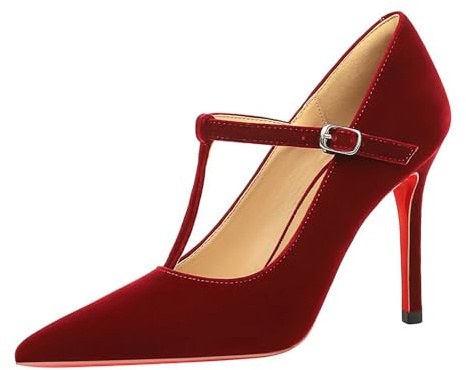 Generico Kvinnor Hög Stift Hög Klack Röd 10 cm Heels Pumps T-Band Bröllop Party Klänning, Beige, 34/41 EU