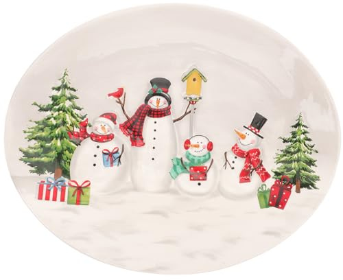 Homoyoyo Style Christmas Snowman Ceramic Oval Plate, Embossed Steak and Dessert Serving Dish, White Porcelain Snack and Sauce Holder for Holiday Tableware