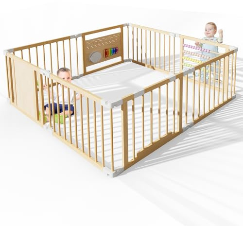 160x160x61cm Baby Laufgitter klappbar Laufstall Holz Kinder (8 Paneele) | Activity Center mit Tür, musikalischem Spielzeug Krabbelgitter Verformbar Absperrgitter für Kinder