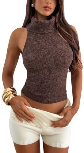 GORGLITTER Top halter para mujer, espalda descubierta, cuello alto, estilo antiguo, jersey de lujo, camiseta de tirantes, marrón café, S