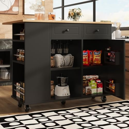 kozamas Isla de cocina con estante para copas de vino y soporte para aperitivos, carrito de cocina negro/blanco, encimera extensible, ruedas de 360°, separadores de 3 niveles, 120 x 42 (76) x 91,5 cm