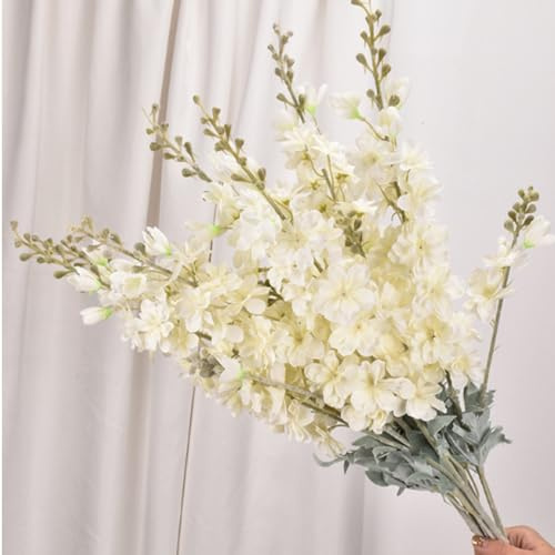 Tikwisdom 86 cm 4 Stück Gefälschte Blumen Delphinium Künstliche Blumen Seidenblumen Rittersporn Künstliche Blumen Langstiel Blumen für hohe Vase Zuhause Hochzeit Party Dekor (Weiß)
