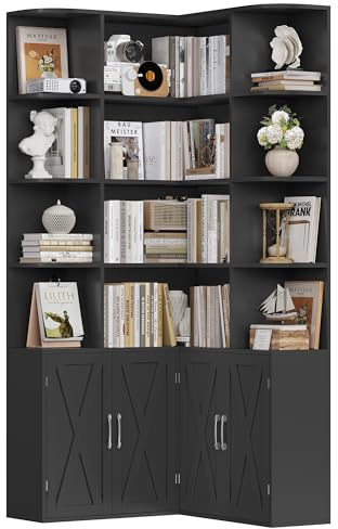 FirFurd 187.3 cm Libreria, Libreria Angolare con 12 Scomparti Aperti, Scaffale Salvaspazio con 4 Ante, Scaffale Angolare, Vetrina Espositiva, per Soggiorno, Studio, 80x80x187.3cm (Nero)