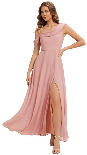 Ever-Pretty Abiti da Damigella Collo Asimmetrico Maniche Corte Chiffon Maxi Gonna Svasata ES02704