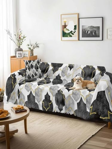 Black Geometric Moroccan Sofa Cover Blanket Couch Covers for Armchair Cushion,Couch Sofa Silpcover with Tassel,Abstract Art Grey Ombre Modern Living Room Throw Towel Blanket Covers XX-L 71x150