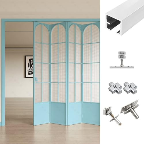 Schiebetür Komplettset Silbernes Beschlag-Set Scheunentor-Stil Falttüren Leichtgängige, Robuste Schiebetürschiene Geräuscharmes, Anpassbares Schienensystem Faltschranktüren(3m(9.8ft) for 6 doors)