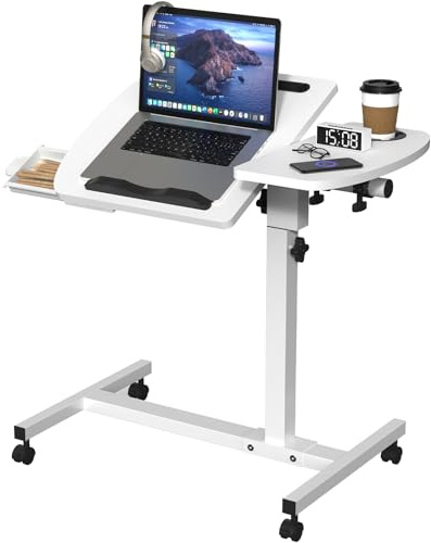 Soontrans Betttisch, 60 × 40 cm, mit neigbarer Platte, verstellbarer Tisch, Höhe 59 – 89 cm, Tisch mit Rollen, mit Schublade, Getränkehalter und Nut, für Senioren, Studenten und Telearbeiter, Weiß