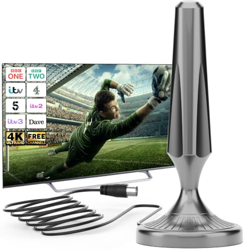 Indoor TV Antenne Magnetfuß, TV Antenne für Smart TV, Digital TV Antenne Innen Kompatibel mit Allen Fernsehern, 360° Empfang, Unterstützt 4K 1080P HD, 5m Koaxialkabel