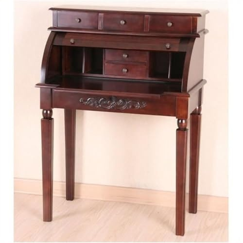 BOWERY HILL Roll Top Secretary Desk, 42 H x 31 W x 17 D, Hardwood, Dual Walnut Stain, Retractable Cover, 3 Drawers, Hand Carved Floral Motif, Traditional Style Home Office Writing Desk