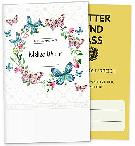 Mutter-Kind-Pass Hülle 3-teilig Blumenkranz Schutzhülle Geschenkidee personalisierbar mit Namen (MuKi-Pass Österreich personalisiert, Schmetterling)