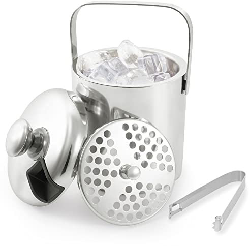 LONCWO Eiswürfelbehälter mit Deckel und Zange, 1,3L Edelstahl Eiskübel, Doppelwandig Isoliert Eiseimer für Eiswürfel, Eisbehälter für Eiswürfel Aufbewahrung, Eiskühler, Silber