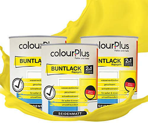 colourPlus 2in1 Buntlack Seidenmatt (2,25L Rapsgelb/Gelb RAL 1021) – Wetterfeste Holzfarbe Holzlack Küchenmöbellack. Getrocknet auch für Kinderspielzeug. Schnelltrocknend, Für Innen Außen