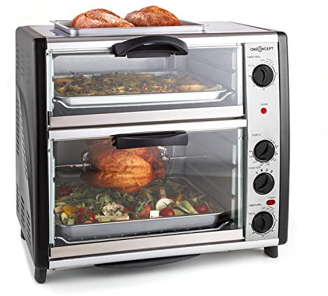 oneConcept All-You-Can-Eat Doppel-Backofen - elektrischer Backofen, zwei getrennten Backräume, 42 Liter Gesamtvolumen, Grillplatte, 2400 W, einstellbare Temperatur: 60-240°C, Edelstahl, silber