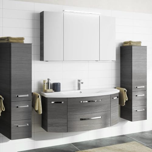 Lomadox Badmöbel Set Graphit Struktur, 120cm Waschtischunterschrank mit Keramik Waschbekcen, LED-Spiegelschrank & 2 Midischränke - montierte Möbel