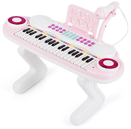 COSTWAY Tastiera Giocattolo a 37 Tasti, Pianoforte Digitale per Bambini, con Microfono Luci, Funzioni di Record e Playback, Tastiera Elettronica con 8 Ritmi e 8 Strumenti, per Ragazzi 3+Anni (Rosa)