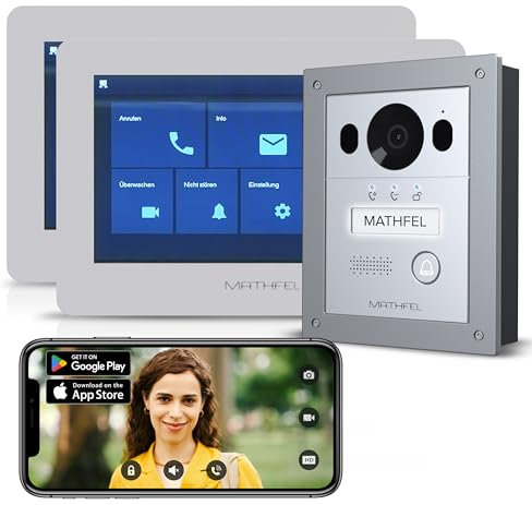 Mathfel 2 Draht Bus Video Türsprechanlage für Einfamilienhaus, 2x7 Zoll WLAN Monitor, Außenstation in Silber, Unterputz Montage