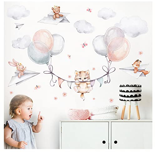 Little Deco Katt med ballonger väggtatuering djur barnrum väggklistermärken för babyrum väggklistermärken självhäftande väggdekoration DL840-2