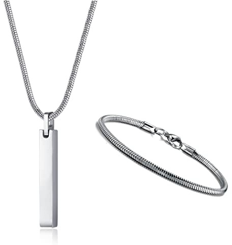 YADOCA 2PCS Collar Barra Pulseras para Hombres Mujeres Acero Inoxidable Collar de Cadena de Serpiente de 3 mm y Pulsera de Cadena de Serpiente Longitud 55cm Plata/Negro