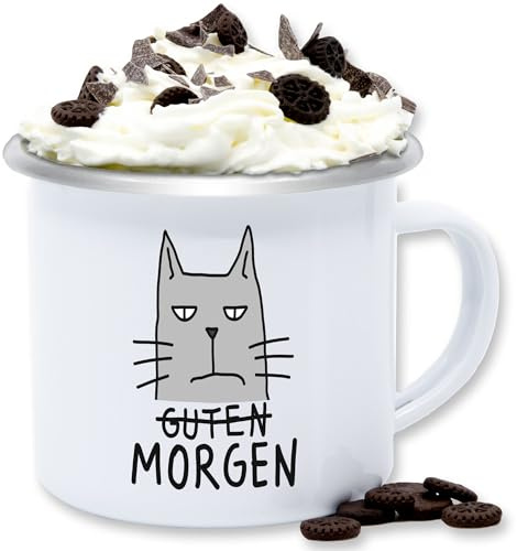 Emaille Tasse Blechtasse - Statement Sprüche - Guten Morgen Katze - 300 ml - Weiß Silber - becher mit spruch sarkasmus cat tassen spruechen katzen sprüche, grumpy sprueche lustig sprüchen quotes