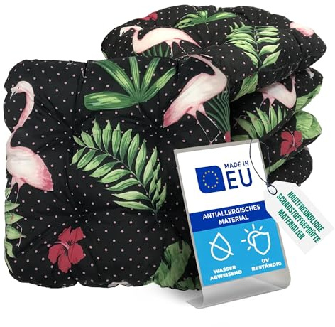 Pillows24 4X Sitzkissen Outdoor 40x40, 8cm dick, Wasser- & UV-beständig | Bändern, Bequeme Stuhlkissen, Stuhlauflage Sitzpolster, Sitzauflage Gartenstuhl, Extra dicke Sitzkissen Stuhl Flamingos