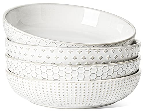 LE TAUCI Pasta Bowl 36 oz, Salad Bowl Serving Plate Bowls, Housewarming Wedding Present, Ceramic Embossment Bowl for Pasta, Fruits, Salad, Noodle, Dinner - 8 Inch, Set of 4, Arctic White