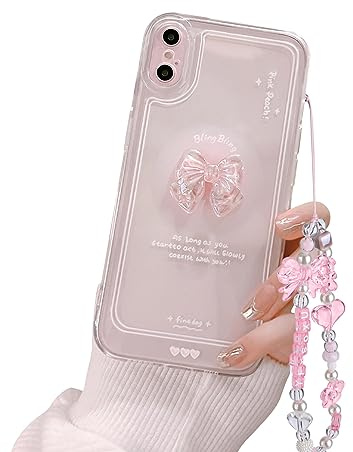 Ownest Kompatibel mit iPhone X/iPhone XS Hülle Cute 3D Rosa Schleife Transparent Aesthetic Süßes Design Handyhülle Frauen Mädchen Schutzhülle + Glitter Bow Crystal Kette