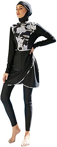 IWEMEK Burkini Damen Muslim Ganzkörper Badeanzüge Langarm Schwimmkleid + Bade Leggings Schwimmhose + Hijab 3tlg Sonnenschutz Bademode Islamische Schwimmanzug Arabisch Badebekleidung Schwarz 09 M