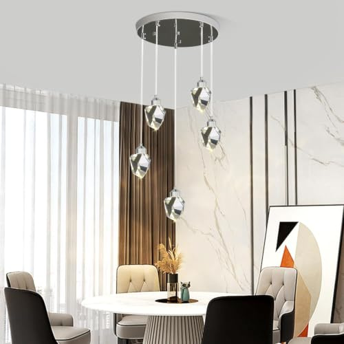 Sxtiger Moderne Kristall Pendelleuchte, 3-Farbige LED Kristall Pendelleuchte, Höhenverstellbare Silber Decken Hängelampe, Für Kücheninsel Schlafzimmer Wohnzimmer Esszimmer (5-Köpfiger Runder Sockel)