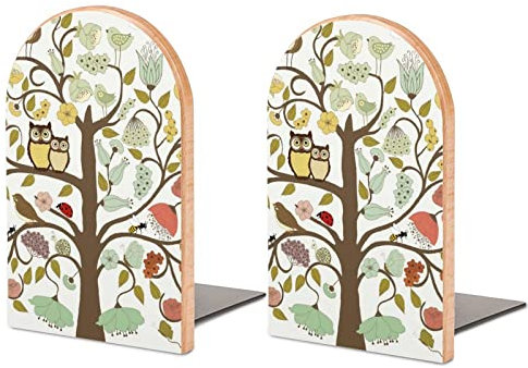 Buchstütze aus Holz, abstrakte Kunst, Baum des Lebens mit Blumen und Vögeln, Eulen, Buchregalhalter, rutschfest, Buchstützen aus Holz, Ständer für Regale, Zuhause, Büro, Bibliothek, Arbeitszimmer