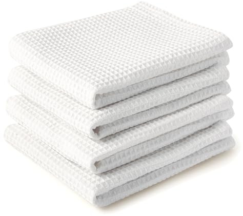 Encasa XO Geschirrtücher, Waffelgewebe Küchentücher 70x45 cm | Weiß 100% Baumwolle | Schnell Trocknend & Fusselarm | Wiederverwendbar | 4er-Set