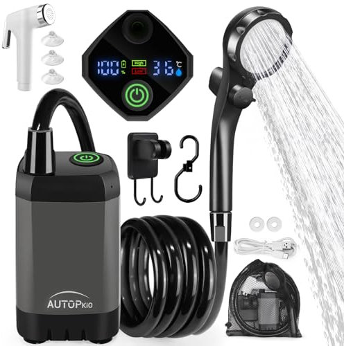 AUTOPkio Portable Camping Shower, Upgraded Outdoor Shower with 6000mAh Rechargeable Pump & Battery, Intelligent Digital Display for RV, Pet, Car Washing, Emergency (Grey)