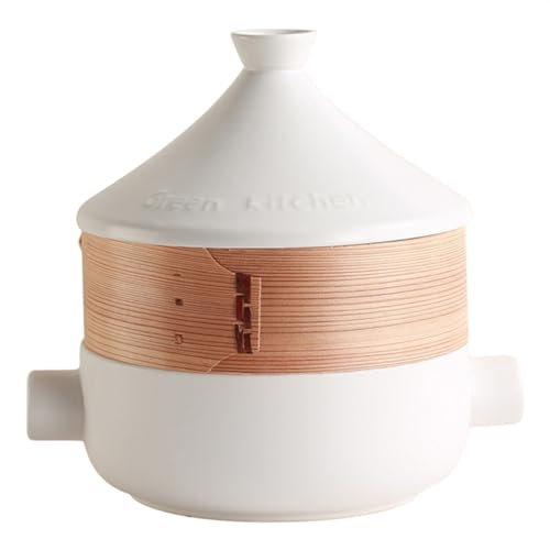 LVYUDS Ceramics 2.2 Quart Tagine, Moroccan Casserole Cone-Shaped Lid Japanese Steamer Compatible with Gas Stoves Suitable for Cooking Soup Porridge Meat (Color : White, Size : 2.5L_TAJI Pot+Steamer