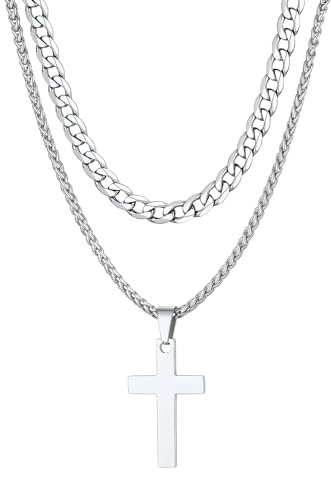 FaithHeart Catena Doppia Collana Croce Uomo Crocifisso Collana Uomo Acciaio 45/50/55 CM Catena Cubana Catena di Grano Antiallergico Non Sbiadisce Battesimo Cattolico