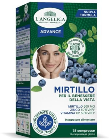 L'Angelica, Integratore al Mirtillo per il Benessere della Vista e del Microcircolo, a base di Mirtillo Zinco e Vitamina B2, 6 Confezioni da 75 Compresse